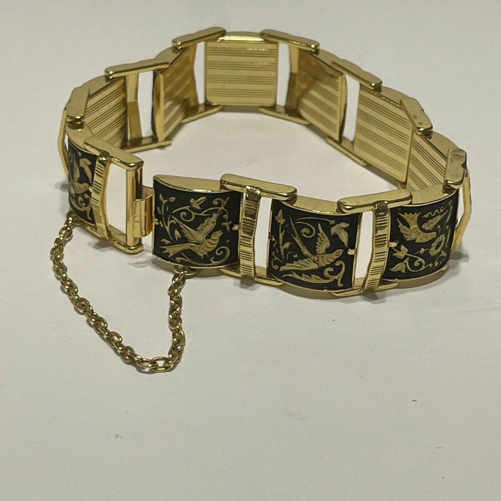 Black & Gold Damascene Enamel Bracelet Flowers Birds 10 Panels Safety Chain GP - Picture 8 of 8